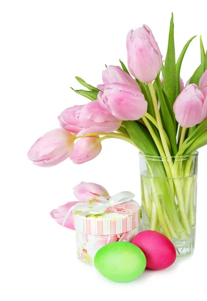 Easter eggs and bouquet of tulips — Stock Photo, Image