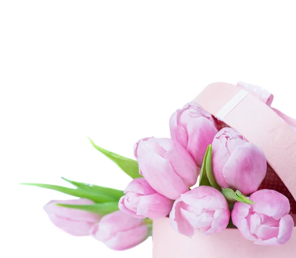 Scatola regalo con fiori di tulipano — Foto Stock