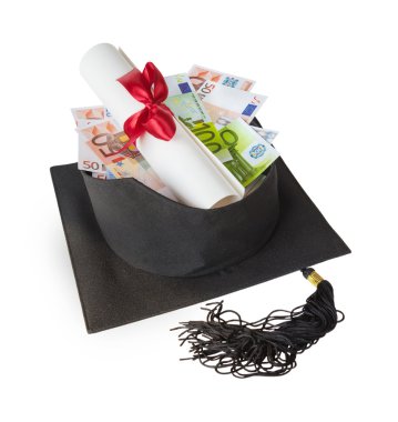 Graduate cap, banknotes and scroll clipart