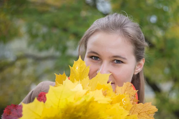 Jong meisje met gele esdoornblad — Stockfoto