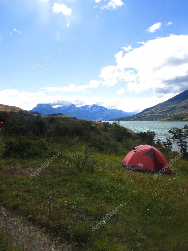 Camping and tent in Laguna Sofia, Puerto Natales, Patagonia, Chile 