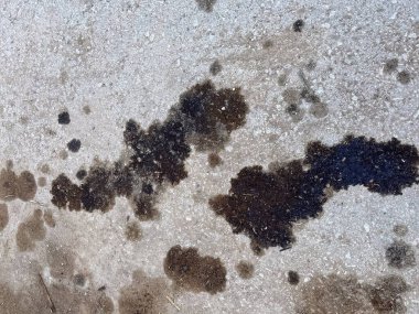 Çeşitli koyu ve kahverengi yağ lekelerinin yakın plan görüntüsü sert, açık gri bir beton ya da asfalt yüzeyine sıçramış, küçük molozlarla karıştırılarak soyut ve kirli bir doku oluşturmuş..