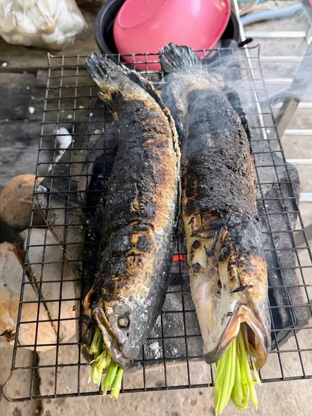 Two whole fish, seasoned with salt and stuffed with fresh green herbs, grilling over hot charcoal on a rustic BBQ rack. Smoke rises from the charred skin, capturing authentic outdoor cooking.