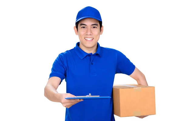 Smiling deliveryman giving clipboard — Stock Photo, Image