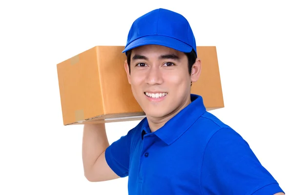 Χαμογελώντας φιλικό deliveryman θήκη μεταφοράς δεμάτων κουτί — Φωτογραφία Αρχείου