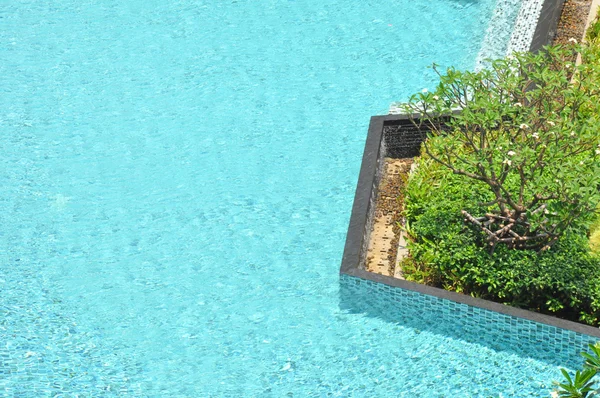 Vrije vorm-zwembad in de buurt van door groene planten — Stockfoto