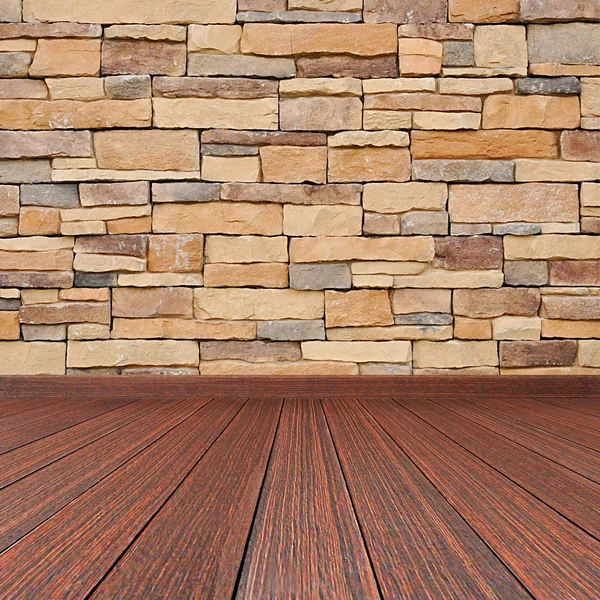 Suelo de madera con pared de piedra - fondo de la habitación vacío — Foto de Stock