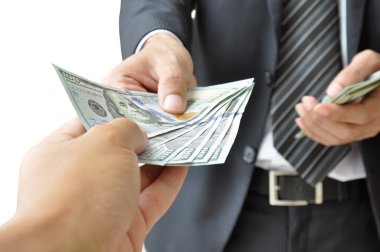 Hand giving money to another person clipart
