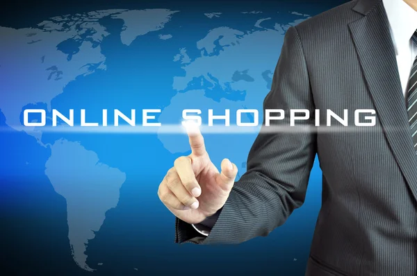 Mano dell'uomo d'affari toccando segno SHOPPING ONLINE — Foto Stock