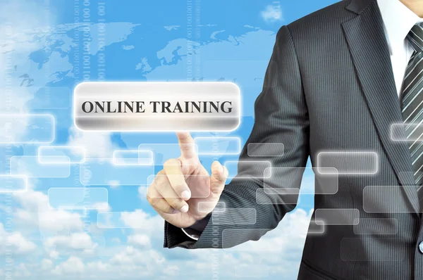 Businessman mână atingând ONLINE TRAINING semn pe ecran virtual — Fotografie, imagine de stoc