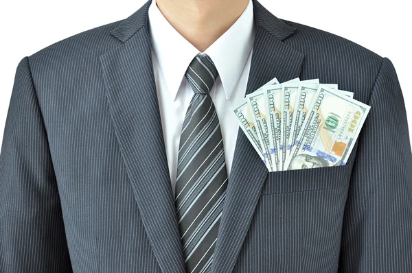 Банкноты в кармане костюма бизнесмена — стоковое фото