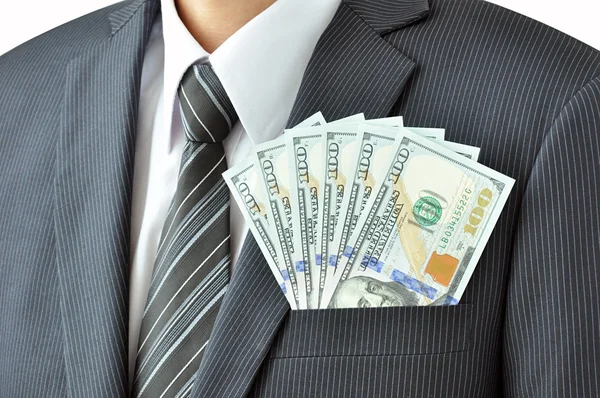 Money in businessman's suit pocket — Stock Photo, Image