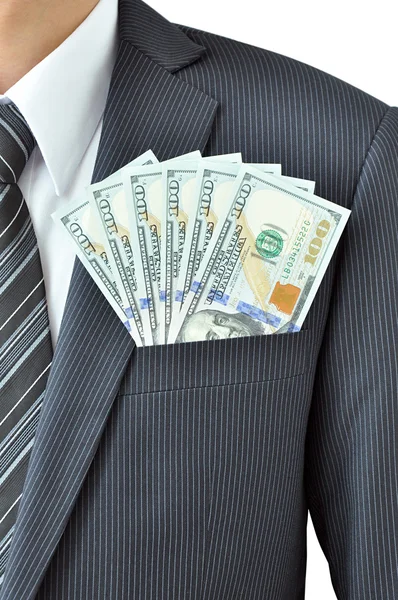 Money in businessman's suit pocket — Stock Photo, Image