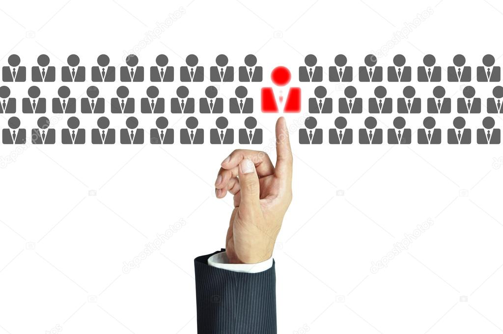 Businessman hand pointing to red human sign - HR, HRM, HRD ,CRM concept