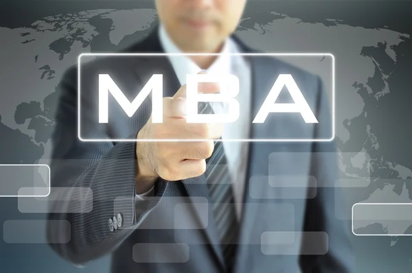 Hand zeigt auf mba-Zeichen — Stockfoto