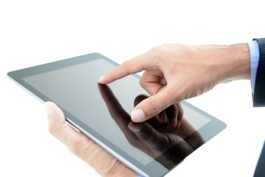 Tablet bilgisayar dokunmadan işadamı el