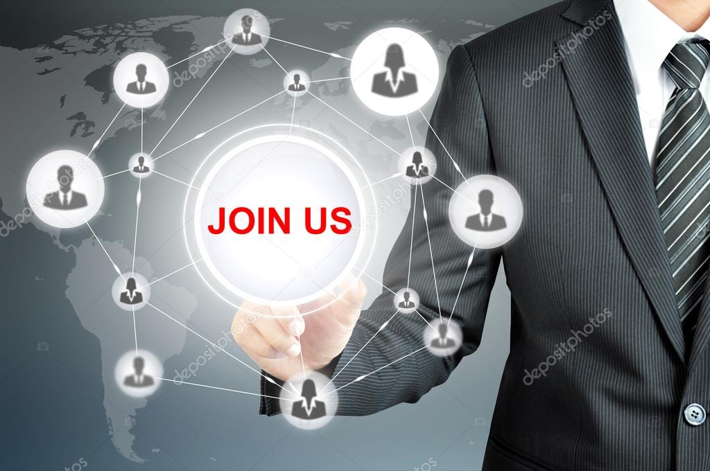 Businessman hand pointing on JOIN US sign on virtual screen