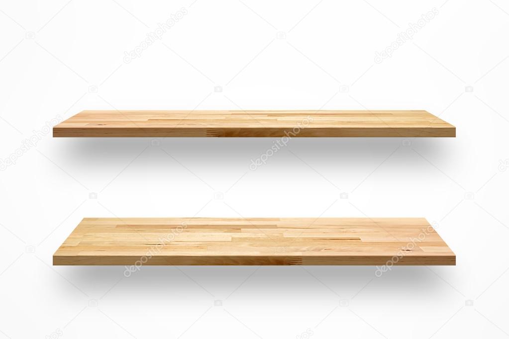 Empty wooden wall shelves on white background