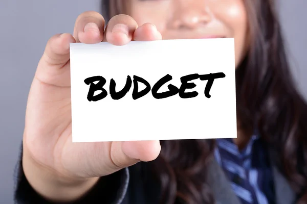 BUDGET word on the card shown by a businesswoman — Stock Photo, Image