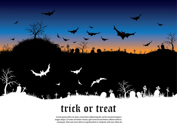 Halloween bakgrund med skrämmande gamla kyrkogård och fladdermöss — Stock vektor