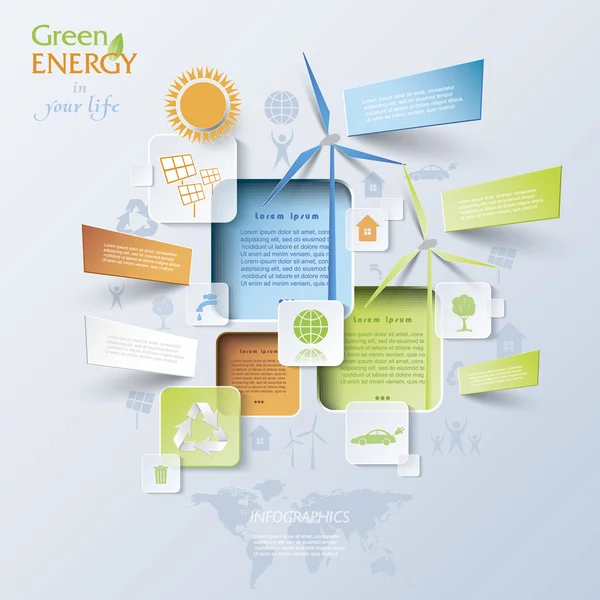 Vettore astratto Infografica con turbine eoliche, verde energia con — Vettoriale Stock