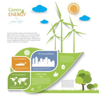 Yaratıcı vektör Infographic tasarımı ile rüzgar türbinleri, yeşil KB