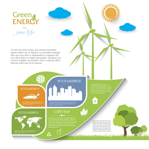 Vetor criativo Design infográfico com turbinas eólicas, verde ene —  Vetores de Stock