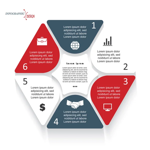 Infografik-Vorlage mit sechs Segmenten für Geschäftsprojekt oder Präsentation — Stockvektor