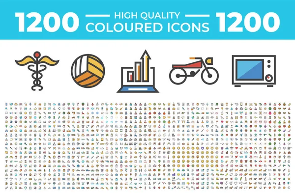 Set 1200 Icone Colorate Solide Alta Qualità Sfondo Bianco Elementi — Vettoriale Stock