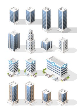 Beyaz Arkaplanda Gölgeler olan Isometric Yüksek Kalite Şehir Binası seti. İzole Vektör Elementleri