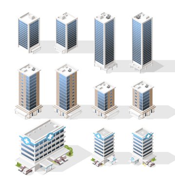 Beyaz Arkaplanda Gölgeler olan Isometric Yüksek Kalite Şehir Binası seti. İzole Vektör Elementleri