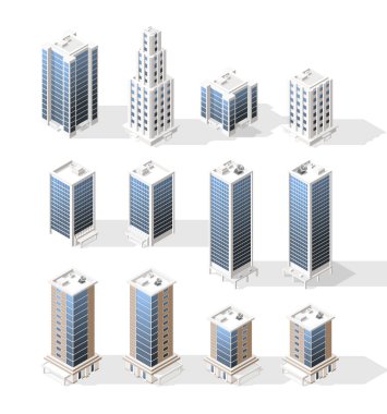 Beyaz Arkaplanda Gölgeler olan Isometric Yüksek Kalite Şehir Binası seti. İzole Vektör Elementleri