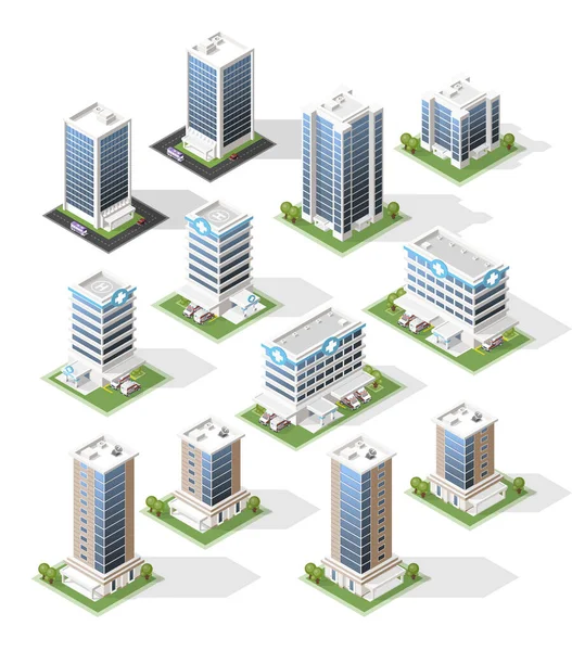 Set Isometric High Quality City Building Shadows White Background Isolated — Stock Vector