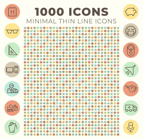 Набор высококачественных универсальных иконок на круглых красочных кнопках. Изолированные векторные элементы