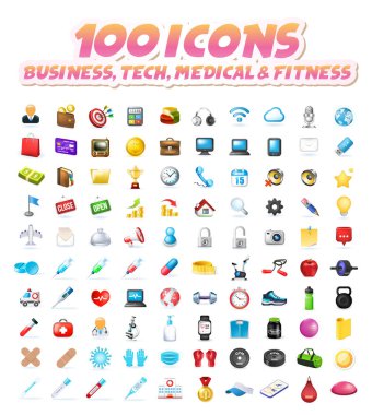 Beyaz Arkaplanda 100 Gerçekçi Yüksek Kaliteli Renkli Simge seti. İzole Vektör Elementleri