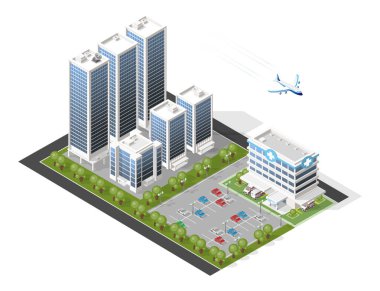 Gerçekçi Yüksek Kaliteli Şehir. İzole edilmiş Isometric Şehir Elementleri