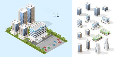 Gerçekçi Yüksek Kaliteli Şehir. İzole edilmiş Isometric Şehir Elementleri