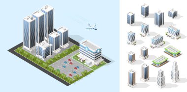 Gerçekçi Yüksek Kaliteli Şehir. İzole edilmiş Isometric Şehir Elementleri
