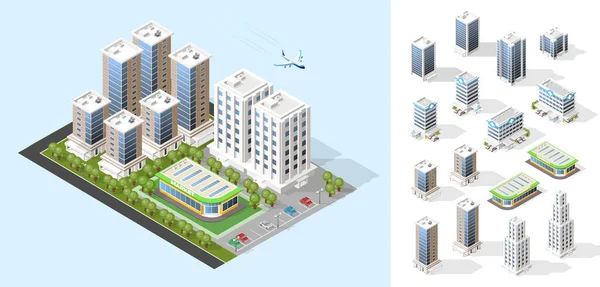 Ville Réaliste Haute Qualité Ensemble Éléments Isolés Ville Isométrique — Image vectorielle