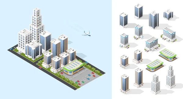 Ville Réaliste Haute Qualité Ensemble Éléments Isolés Ville Isométrique — Image vectorielle