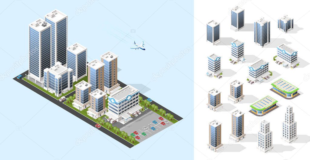 Realistic High Quality Town . Set of Isolated Isometric City Elements