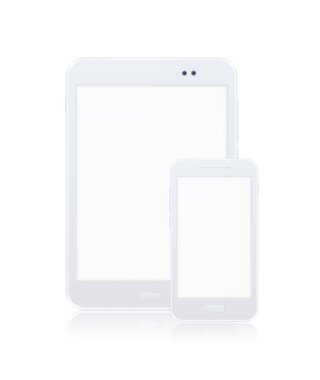 Gerçekçi Beyaz Tablet ve Beyaz Arkaplanda Beyaz Ekranlı Beyaz Akıllı Telefon Mock Up. İzole Vektör Elementleri