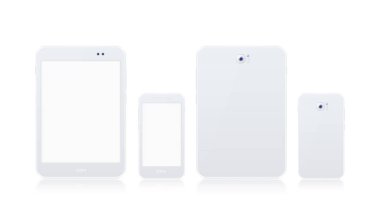 Gerçekçi Beyaz Tablet ve Beyaz Arkaplanda Beyaz Ekranlı Beyaz Akıllı Telefon Mock Up. İzole Vektör Elementleri