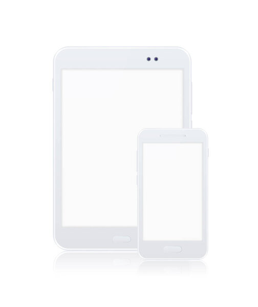 Realistic White Tablet and White Smartphone Mock Up with Blank Screen on White Background . Isolated Vector Elements
