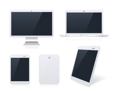 Beyaz Arkaplanda Gerçekçi Elektronik Beyaz Aygıtlar. Boş Ekranlı Tablet ve Akıllı Telefon. İzole Vektör Elementleri