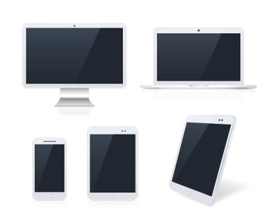 Beyaz Arkaplanda Gerçekçi Elektronik Beyaz Aygıtlar. Boş Ekranlı Tablet ve Akıllı Telefon. İzole Vektör Elementleri