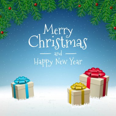 Soyut Yüksek Kaliteli Mutlu Noeller ve Düşen Kar ve Hediyelerle Yeni Yıl Arkaplanı. İzole Vektör Elementleri
