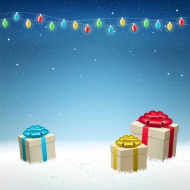 Soyut Yüksek Kaliteli Mutlu Noeller ve Düşen Kar ve Hediyelerle Yeni Yıl Arkaplanı. İzole Vektör Elementleri