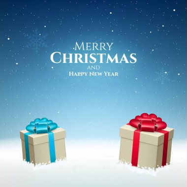 Soyut Yüksek Kaliteli Mutlu Noeller ve Düşen Kar ve Hediyelerle Mutlu Yıllar. İzole Vektör Elementleri