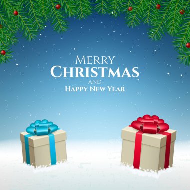 Soyut Yüksek Kaliteli Mutlu Noeller ve Düşen Kar ve Hediyelerle Mutlu Yıllar. İzole Vektör Elementleri